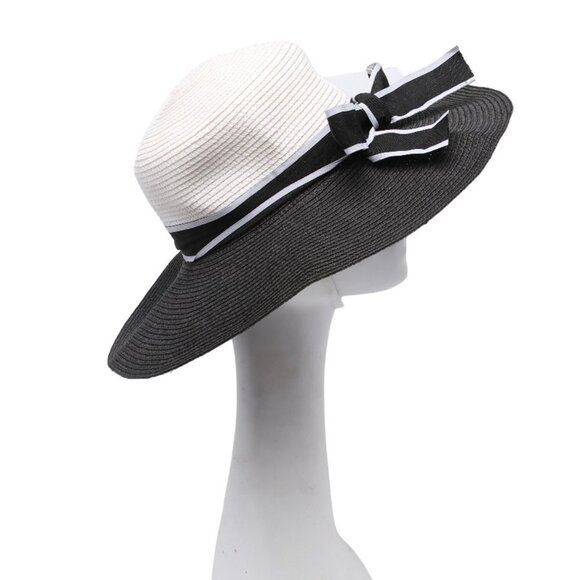 Large Brim Black White Summer Hat Ribbon Classic Faux Straw Wedding Party Event - Picture 2 of 10